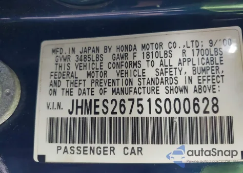 2001 Honda Civic Ex from USA, damaged, VIN JHMES26751S000628